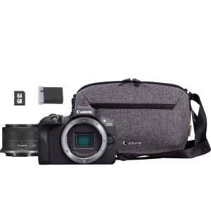 Canon EOS R100 + RF-S 18-45mm F4.5-6.3 IS STM Lens + Camera Bag + 64GB SD card