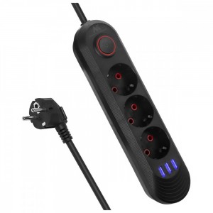 Power strip MCE394 B, 1.5m, 3 sockets + 2xUSB, 110-240V AC 50/60Hz, 2.1A max 2500W, black